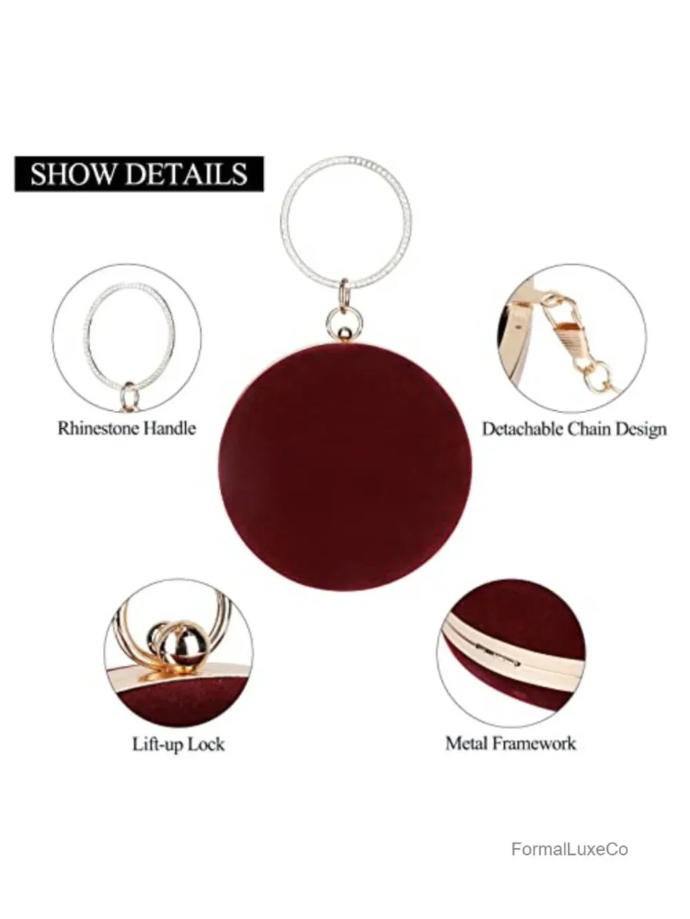 Round Velvet Clutch Purse Evening Bag Rhinestone Frame Wedding Party Handbag
